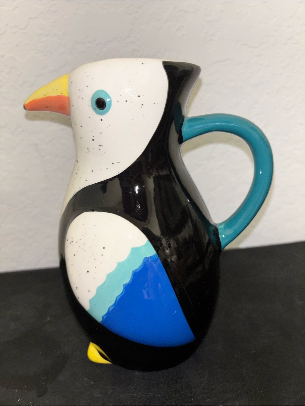 Ceramic Puffin Bird Pitcher - Black, White & Blue